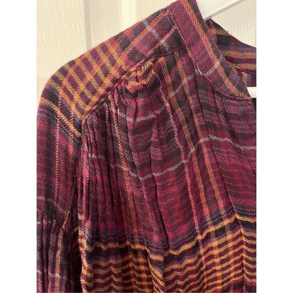 Free People Come On Over Burgundy & Gold Plaid Swing Flannel Over Sized Button D - Picture 5 of 10